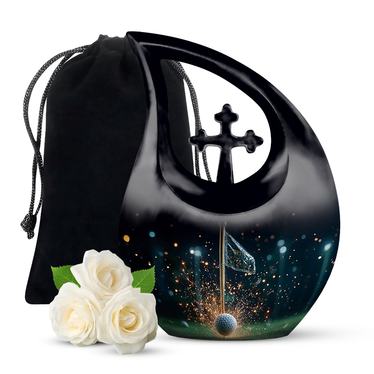 Obsidian Black Golf Cremation Urn top-down view of secure threaded lid - faith-inspired cross-drop urn with golf pattern - full-size 10 inch 200 cubic inch adult cremation urn