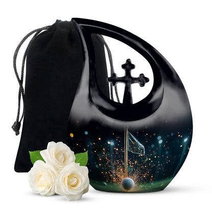 Obsidian Black Golf Cremation Urn top-down view of secure threaded lid - faith-inspired cross-drop urn with golf pattern - full-size 10 inch 200 cubic inch adult cremation urn