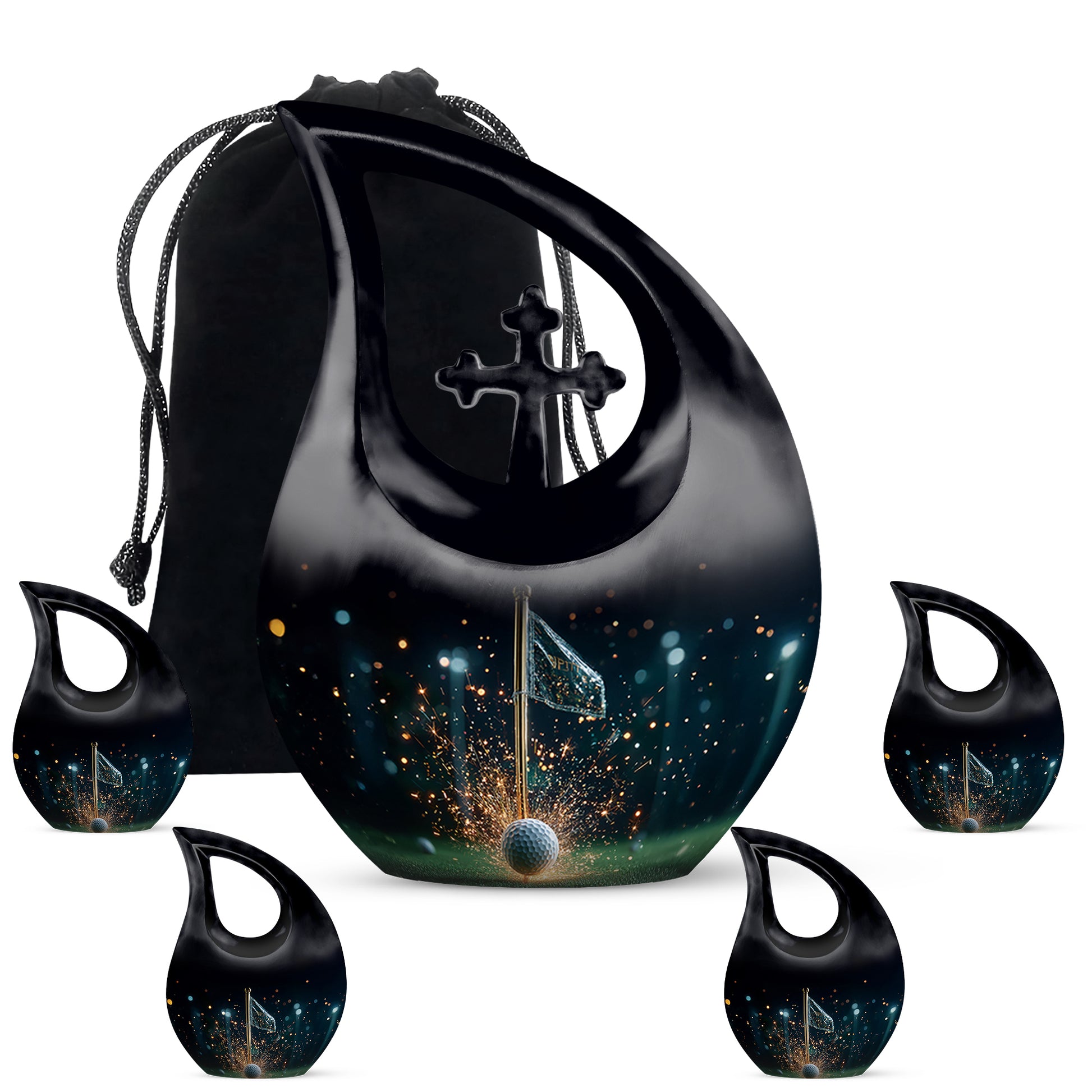 Onyx Black Golf Cremation Urn urn with complimentary velvet bag - devotional cross-drop golf engraving - memorial set with one large and four small urns