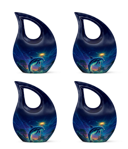 Pastel Blue Dolphin Cremation Urn lifestyle display on memorial shelf - cross and dolphin combined in spiritual memorial design - 10 inch aluminum urn for cremated remains