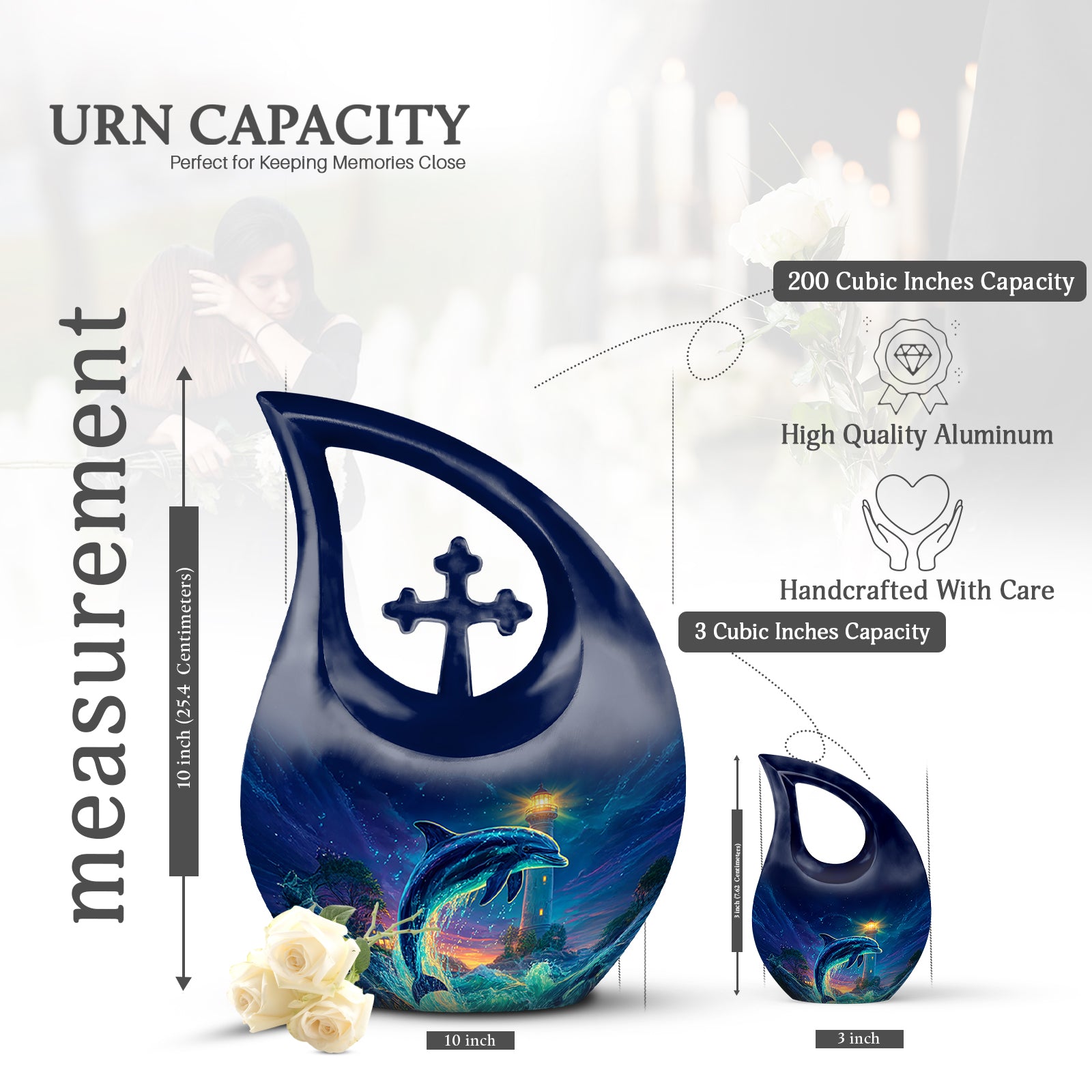 Celestial Blue Dolphin Cremation Urn back view with polished surface - sacred cross merged with dolphin motif on metal - mini keepsake memorial for portion of cremation ashes