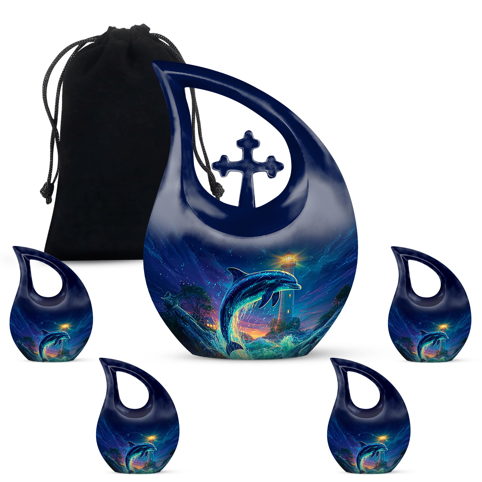 Powder Blue Dolphin Cremation Urn urn with complimentary velvet bag - sacred cross merged with dolphin motif on metal - memorial set with one large and four small urns