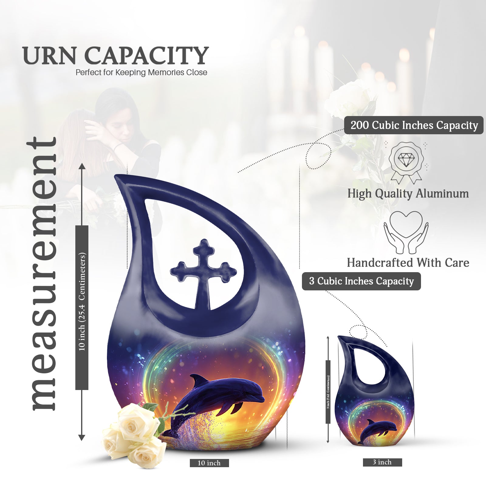 Dusty Blue Dolphin Cremation Urn back view with polished surface - sacred cross merged with dolphin motif on metal - mini keepsake memorial for portion of cremation ashes