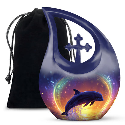 Cobalt Blue Dolphin Cremation Urn top-down view of secure threaded lid - devotional cross-drop dolphin engraving - full-size 10 inch 200 cubic inch adult cremation urn