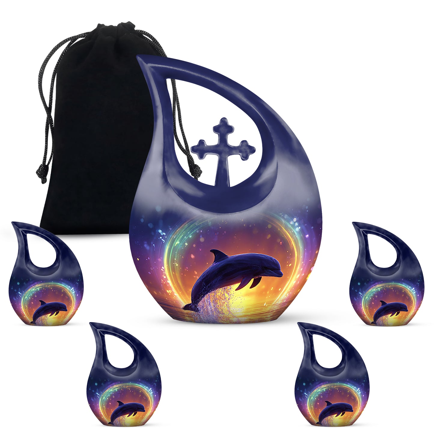 Misty Blue Dolphin Cremation Urn urn with complimentary velvet bag - cross and dolphin combined in spiritual memorial design - memorial set with one large and four small urns