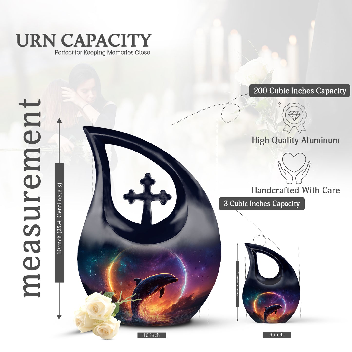 Pastel Blue Dolphin Cremation Urn back view with polished surface - sacred cross merged with dolphin motif on metal - mini keepsake memorial for portion of cremation ashes