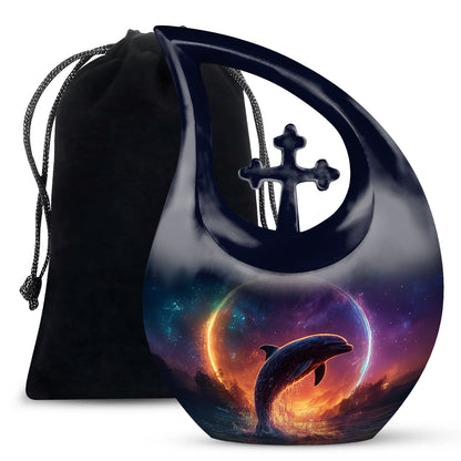 Bright Blue Dolphin Cremation Urn top-down view of secure threaded lid - faith-inspired cross-drop urn with dolphin pattern - full-size 10 inch 200 cubic inch adult cremation urn