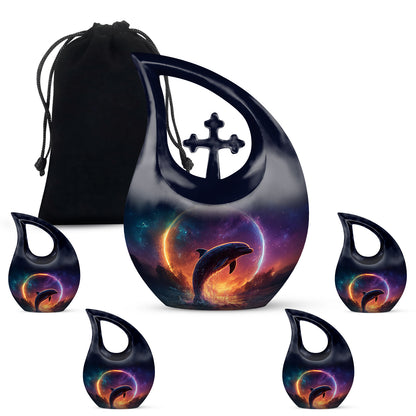 Serene Blue Dolphin Cremation Urn urn with complimentary velvet bag - devotional cross-drop dolphin engraving - memorial set with one large and four small urns