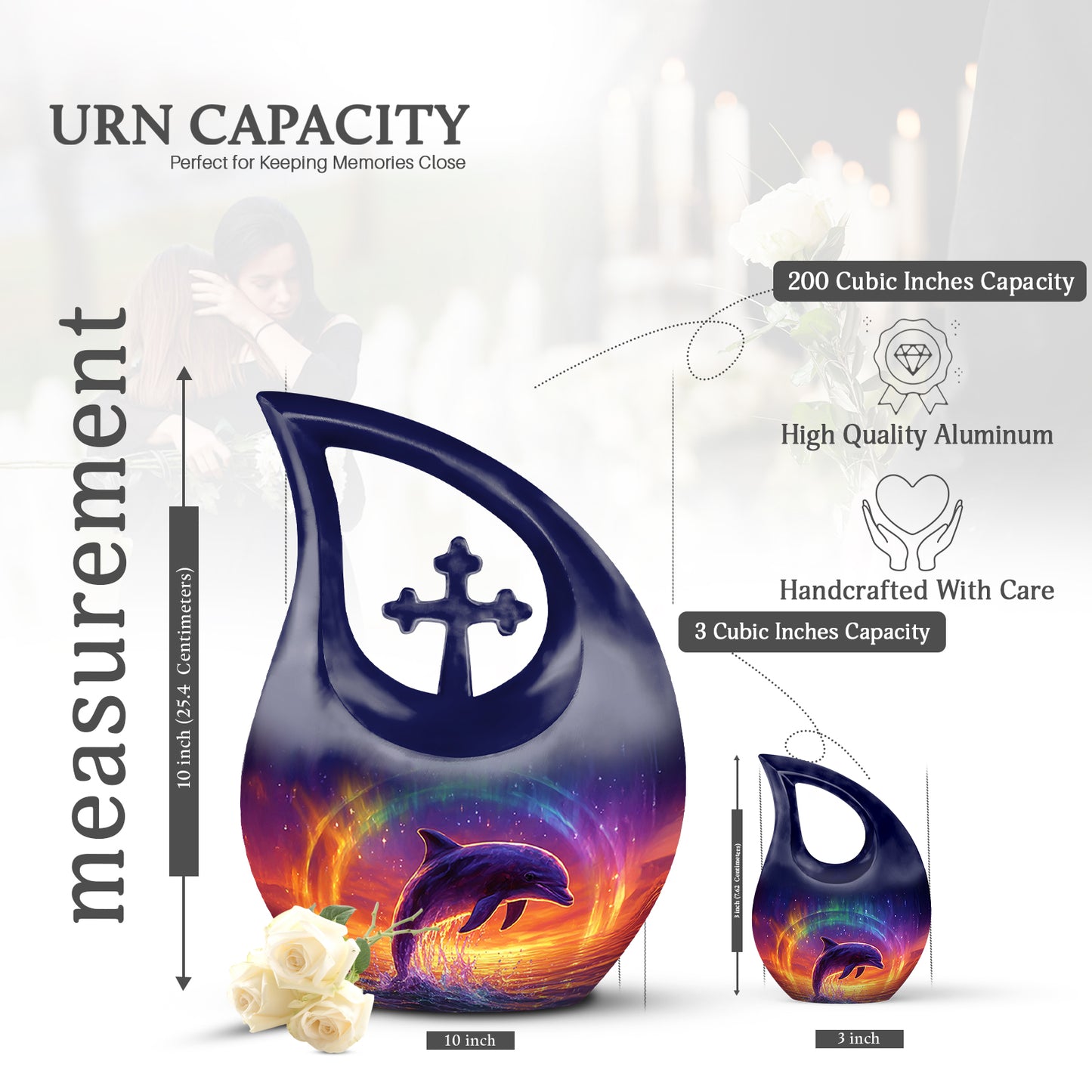 Serene Blue Dolphin Cremation Urn back view with polished surface - devotional cross-drop dolphin engraving - mini keepsake memorial for portion of cremation ashes
