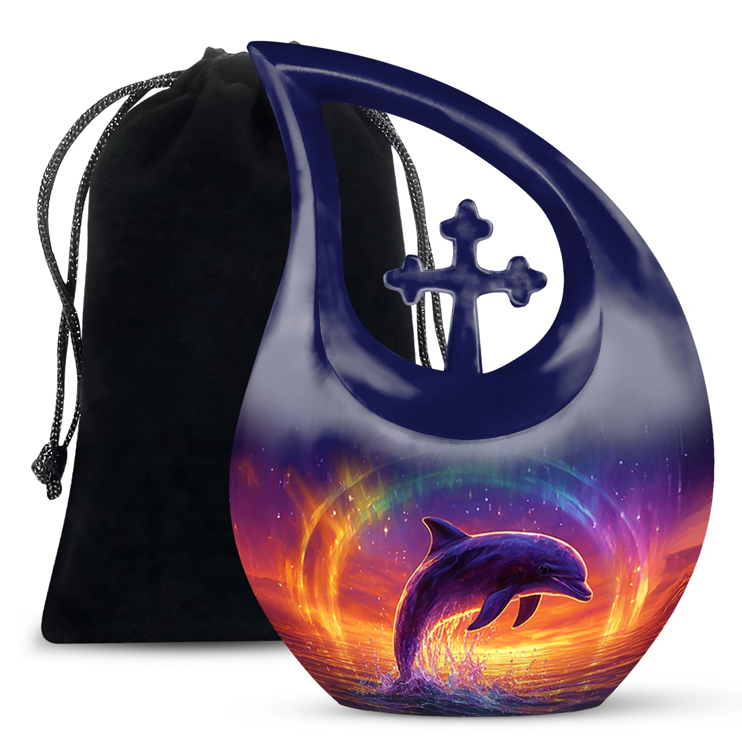 Pastel Blue Dolphin Cremation Urn top-down view of secure threaded lid - cross and dolphin combined in spiritual memorial design - full-size 10 inch 200 cubic inch adult cremation urn