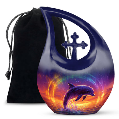 Pastel Blue Dolphin Cremation Urn top-down view of secure threaded lid - cross and dolphin combined in spiritual memorial design - full-size 10 inch 200 cubic inch adult cremation urn