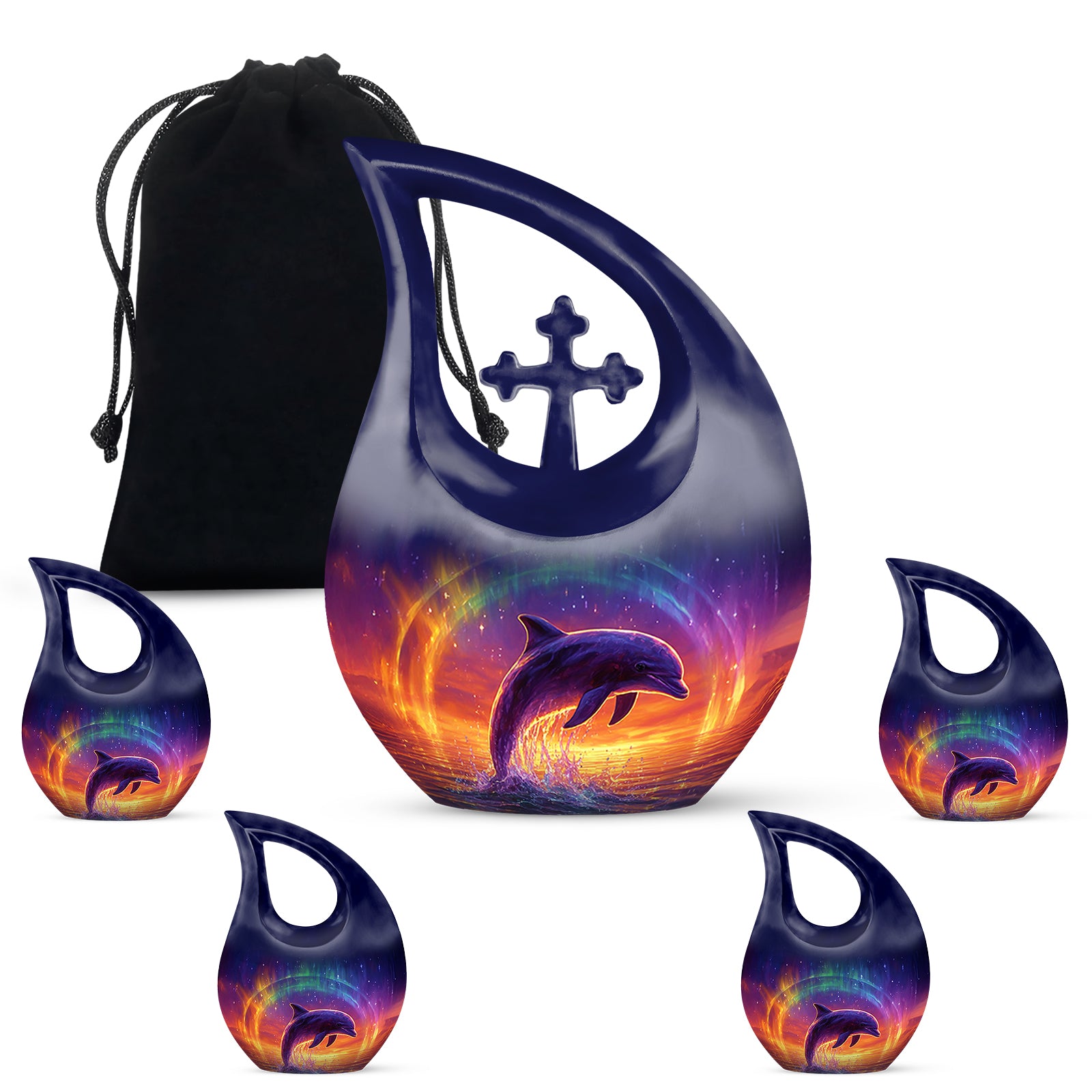 Soft Blue Dolphin Cremation Urn urn with complimentary velvet bag - faith-inspired cross-drop urn with dolphin pattern - memorial set with one large and four small urns