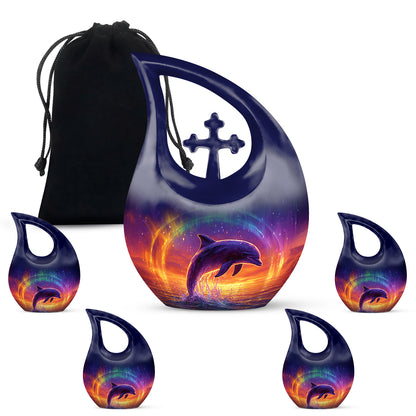 Soft Blue Dolphin Cremation Urn urn with complimentary velvet bag - faith-inspired cross-drop urn with dolphin pattern - memorial set with one large and four small urns