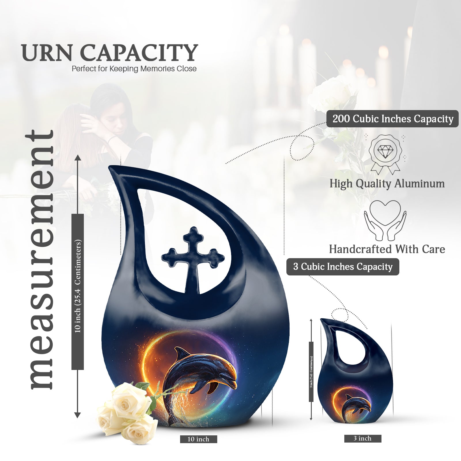 Pastel Blue Dolphin Cremation Urn back view with polished surface - sacred cross merged with dolphin motif on metal - mini keepsake memorial for portion of cremation ashes