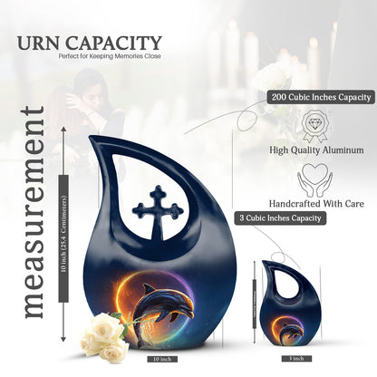 Pastel Blue Dolphin Cremation Urn back view with polished surface - sacred cross merged with dolphin motif on metal - mini keepsake memorial for portion of cremation ashes