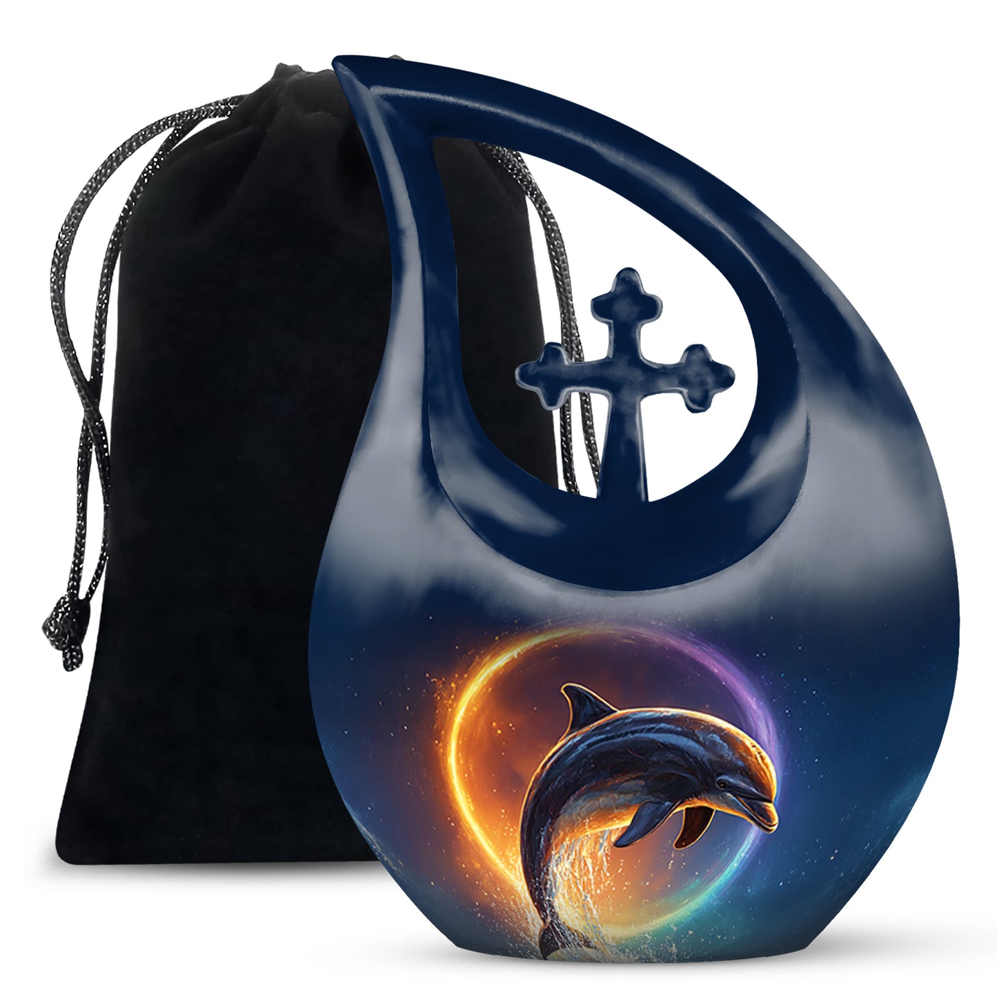 Pastel Blue Dolphin Cremation Urn top-down view of secure threaded lid - cross and dolphin combined in spiritual memorial design - full-size 10 inch 200 cubic inch adult cremation urn