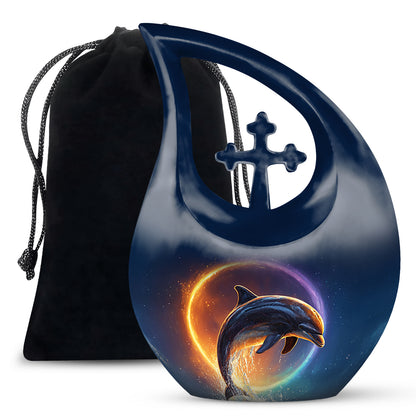 Pastel Blue Dolphin Cremation Urn top-down view of secure threaded lid - cross and dolphin combined in spiritual memorial design - full-size 10 inch 200 cubic inch adult cremation urn