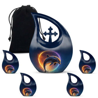 Slate Blue Dolphin Cremation Urn urn with complimentary velvet bag - sacred cross merged with dolphin motif on metal - memorial set with one large and four small urns