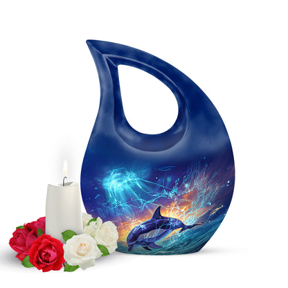 Blue Venerable Dolphin Cremation Urns for Human Ashes - 10-inch, 200 cu in - Yatskia