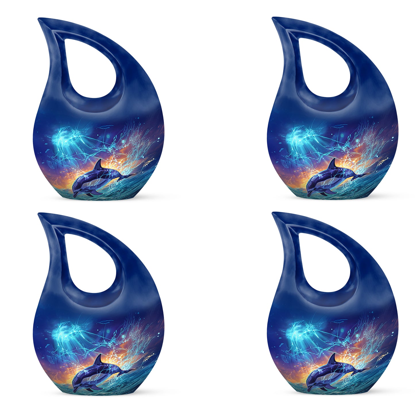Celestial Blue Dolphin Cremation Urn lifestyle display on memorial shelf - sacred cross merged with dolphin motif on metal - 10 inch aluminum urn for cremated remains