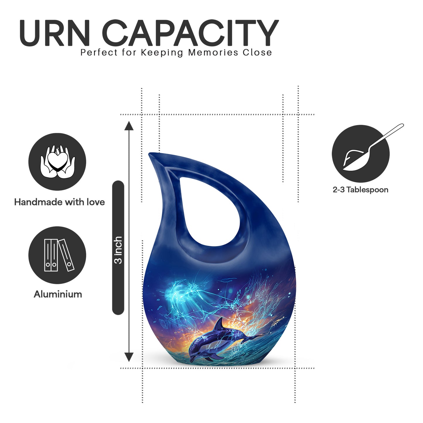 Celestial Blue Dolphin Cremation Urn back view with polished surface - sacred cross merged with dolphin motif on metal - mini keepsake memorial for portion of cremation ashes