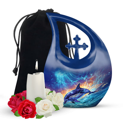 Indigo Dolphin Cremation Urn top-down view of secure threaded lid - cross and dolphin combined in spiritual memorial design - full-size 10 inch 200 cubic inch adult cremation urn