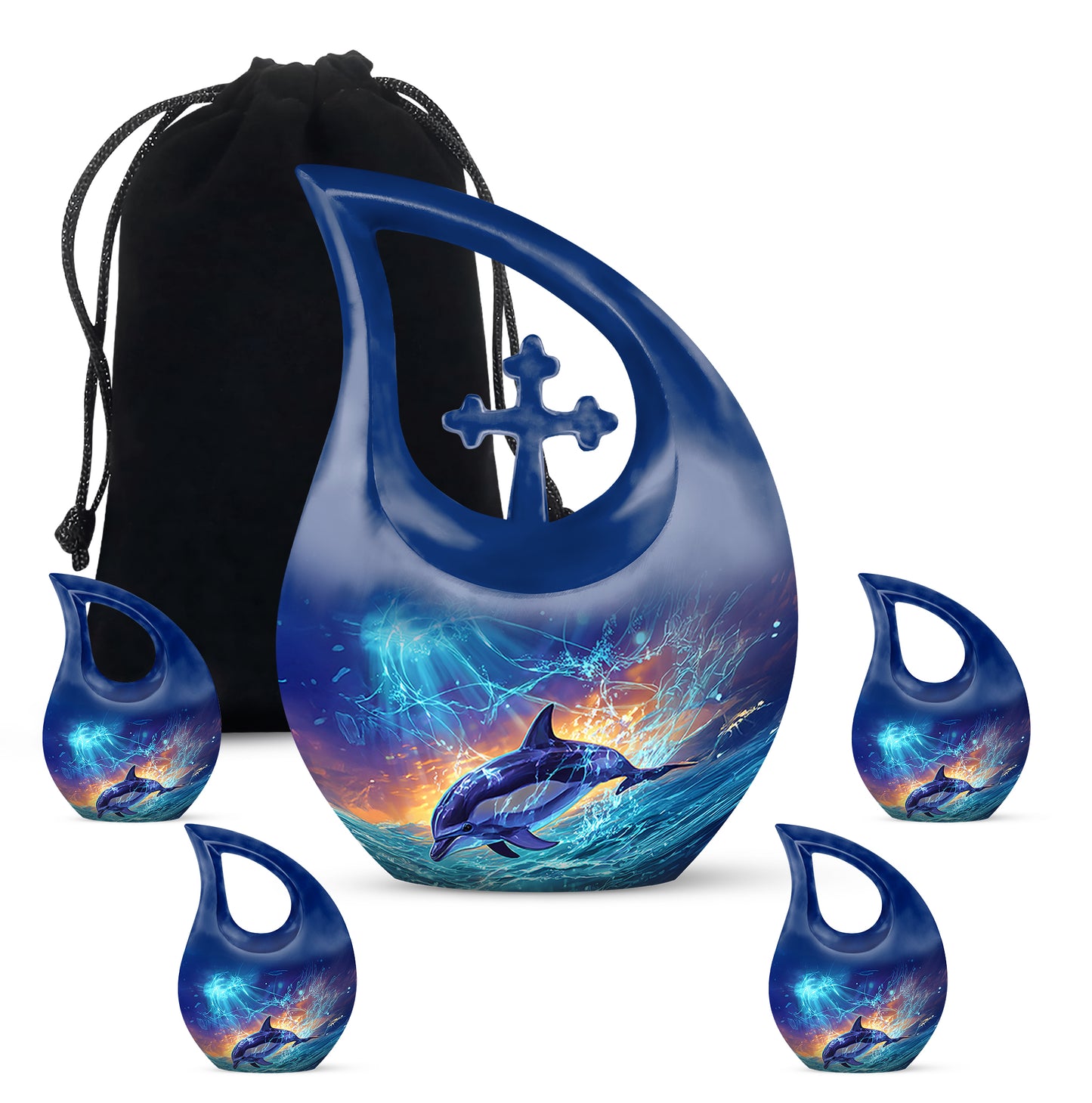 Celestial Blue Dolphin Cremation Urn urn with complimentary velvet bag - cross and dolphin combined in spiritual memorial design - memorial set with one large and four small urns