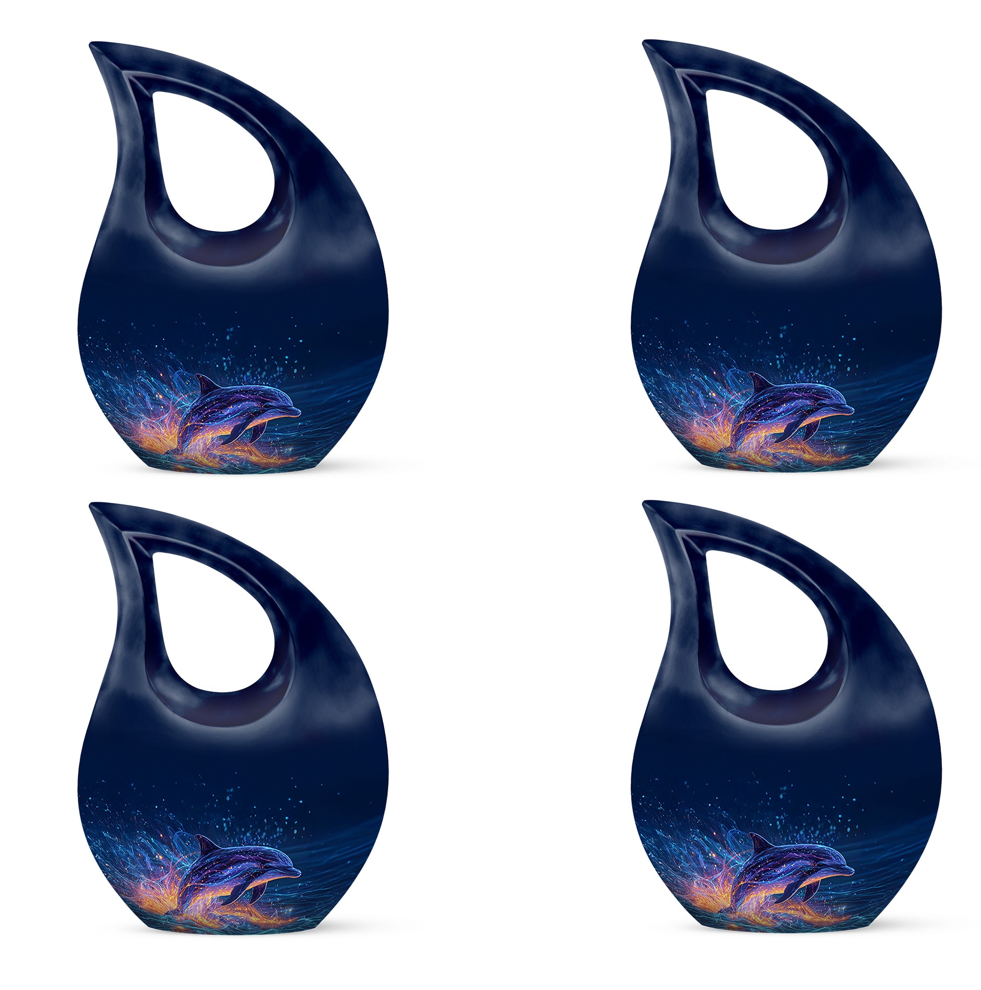 Royal Blue Dolphin Cremation Urn lifestyle display on memorial shelf - faith-inspired cross-drop urn with dolphin pattern - 10 inch aluminum urn for cremated remains