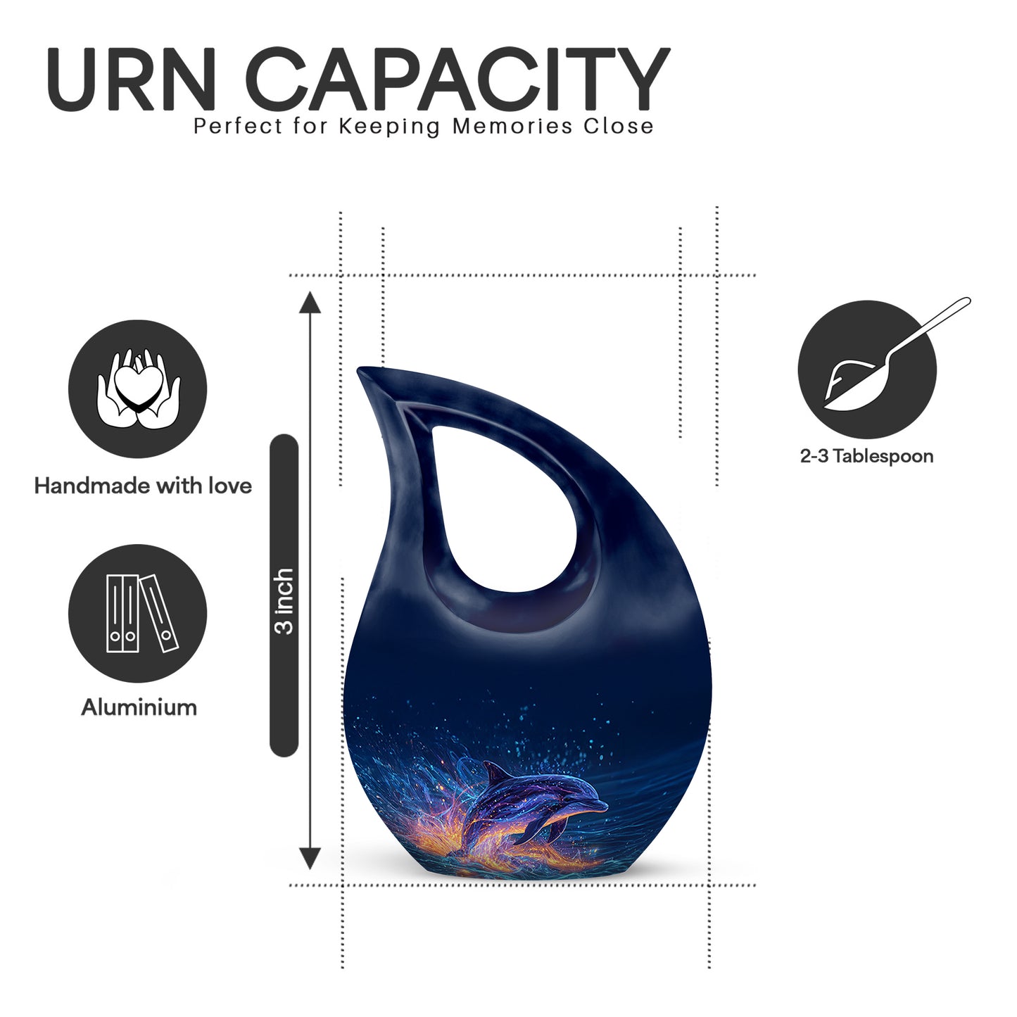 Royal Blue Dolphin Cremation Urn back view with polished surface - devotional cross-drop dolphin engraving - mini keepsake memorial for portion of cremation ashes