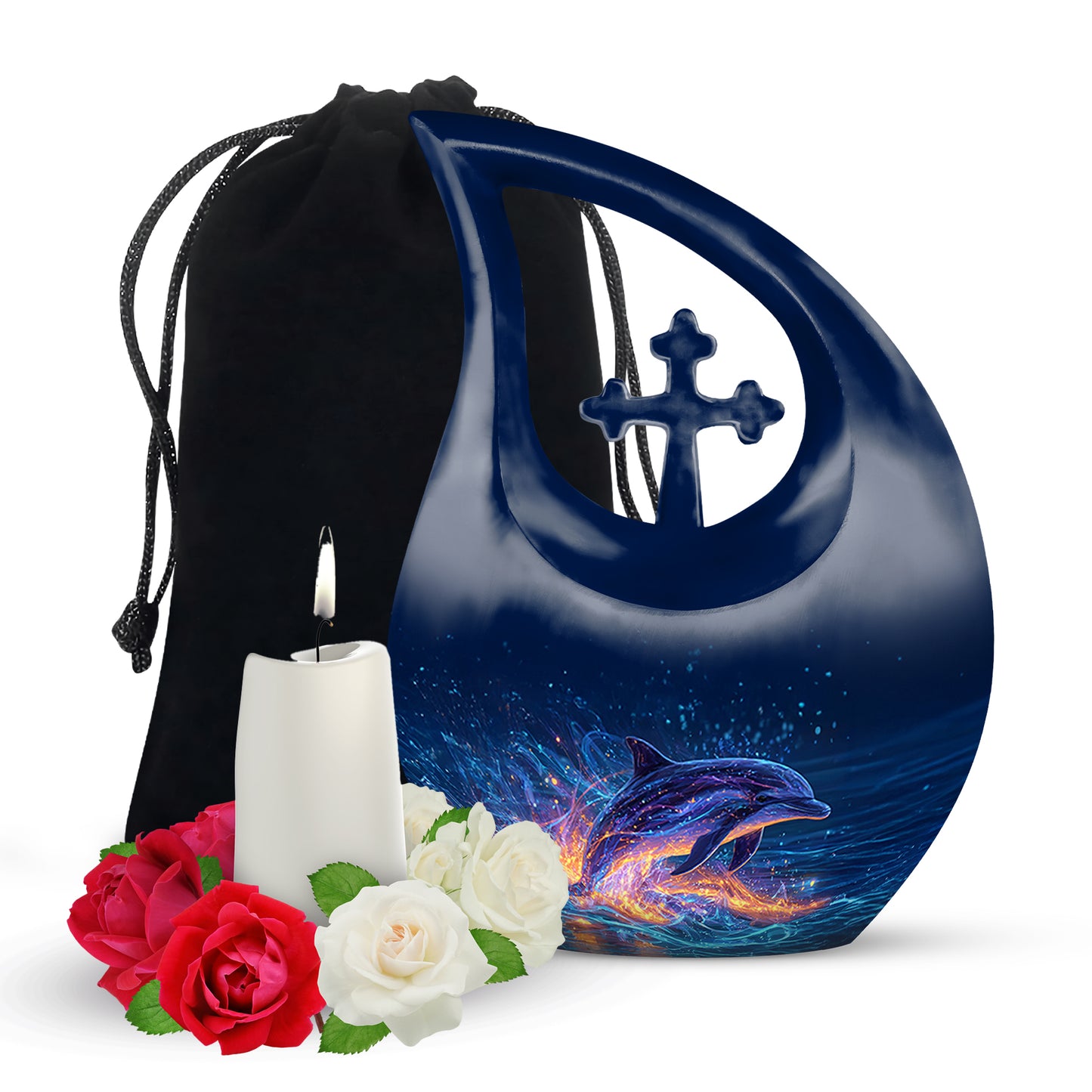 Icy Blue Dolphin Cremation Urn top-down view of secure threaded lid - sacred cross merged with dolphin motif on metal - full-size 10 inch 200 cubic inch adult cremation urn