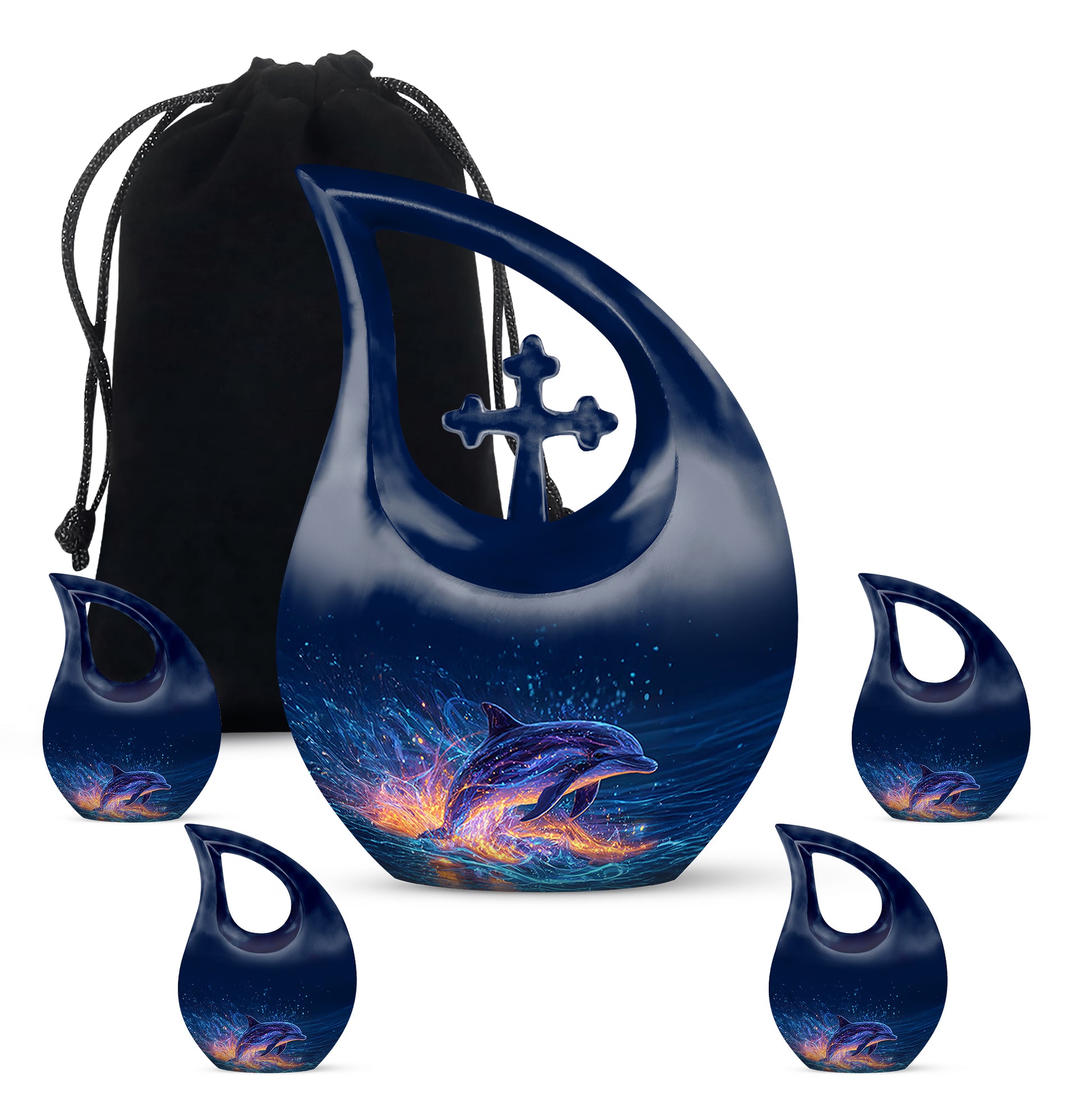 Misty Blue Dolphin Cremation Urn urn with complimentary velvet bag - sacred cross merged with dolphin motif on metal - memorial set with one large and four small urns