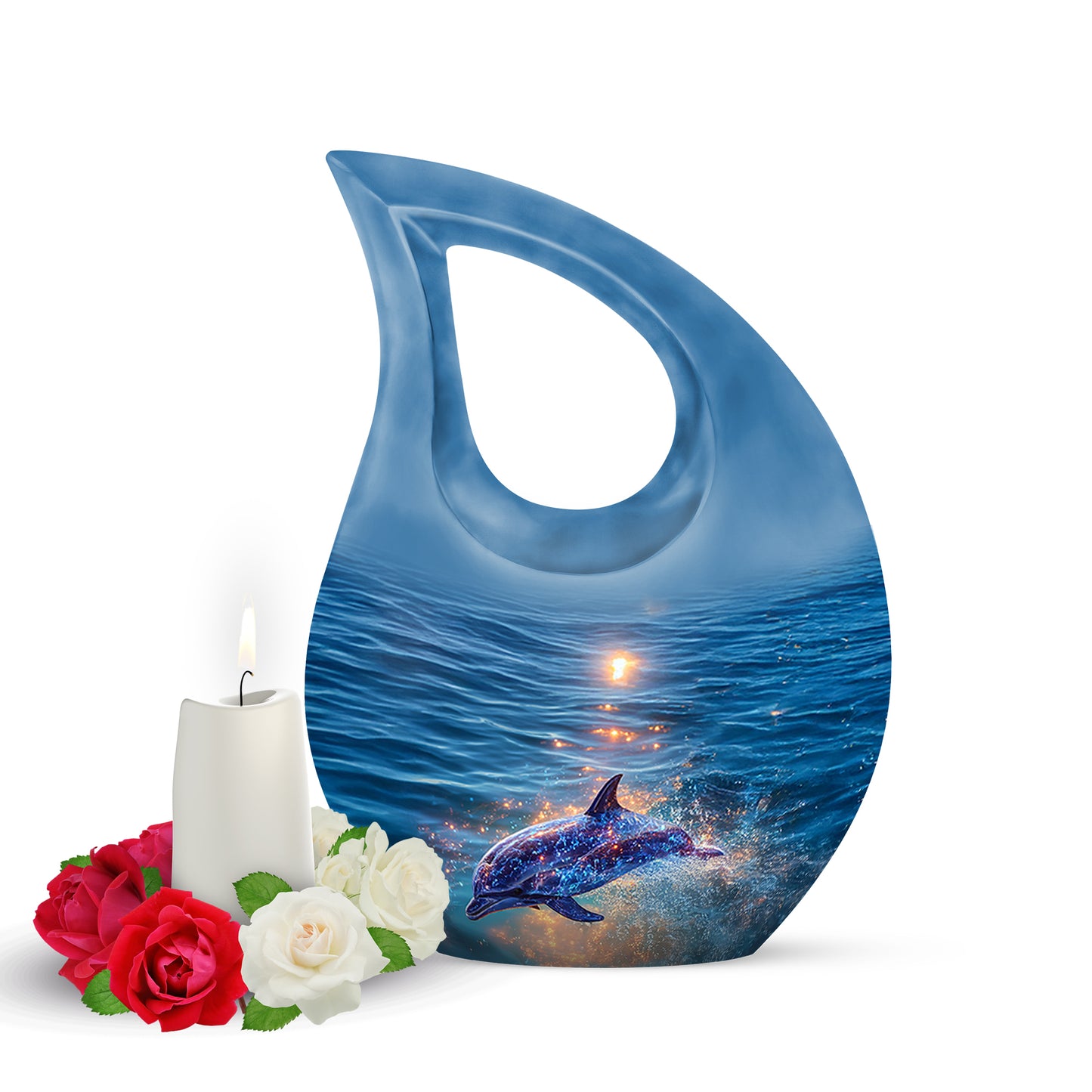 Blue Breathtaking Dolphin Memorial Urn for Ashes - 10-inch, 200 cu in - Yatskia