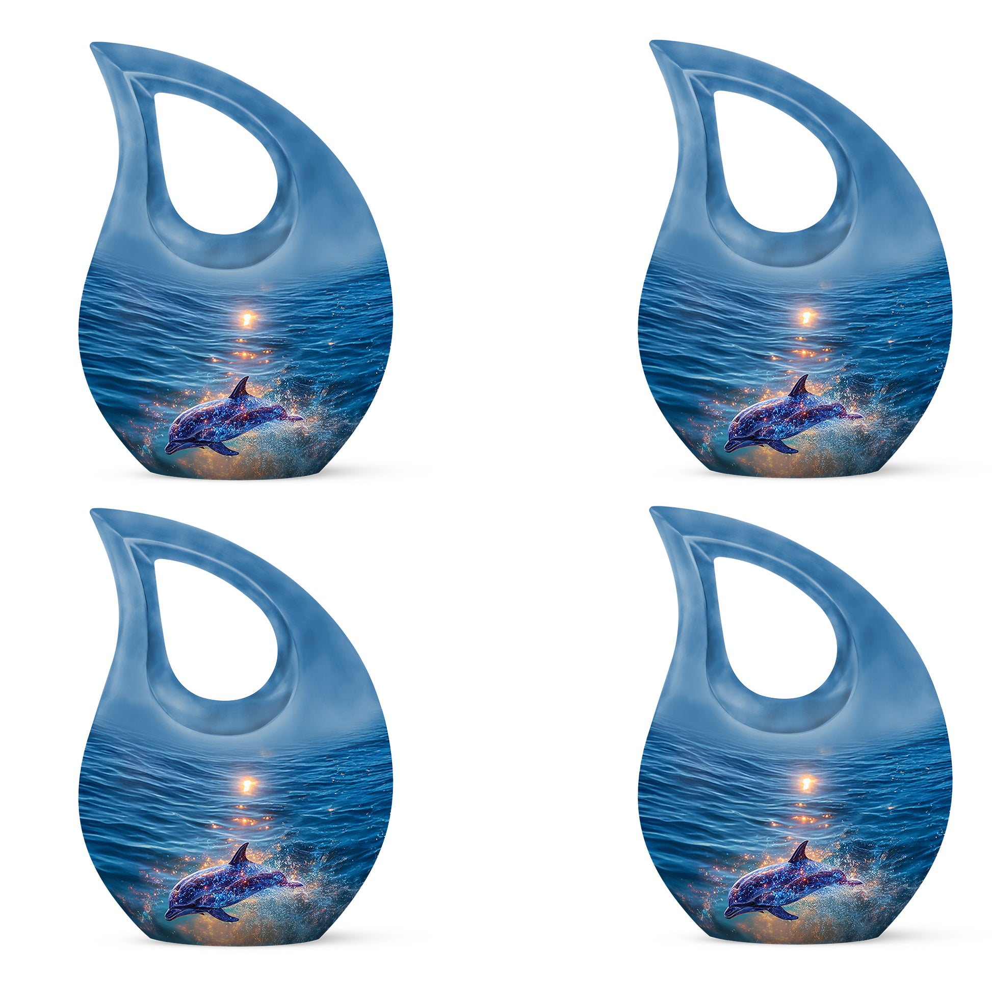 Navy Blue Dolphin Cremation Urn lifestyle display on memorial shelf - sacred cross merged with dolphin motif on metal - 10 inch aluminum urn for cremated remains
