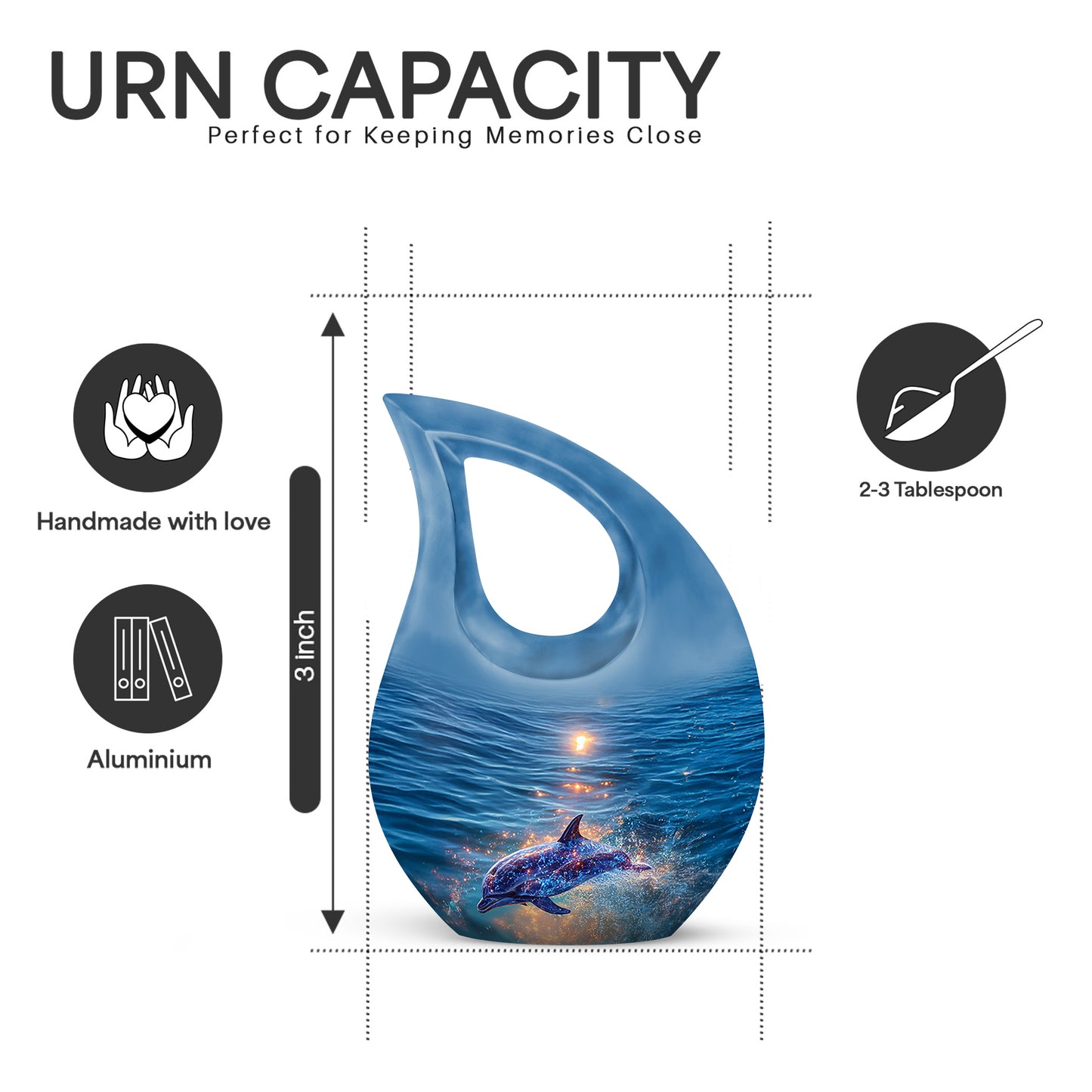 Soft Blue Dolphin Cremation Urn back view with polished surface - faith-inspired cross-drop urn with dolphin pattern - mini keepsake memorial for portion of cremation ashes