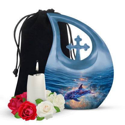 Slate Blue Dolphin Cremation Urn top-down view of secure threaded lid - cross and dolphin combined in spiritual memorial design - full-size 10 inch 200 cubic inch adult cremation urn