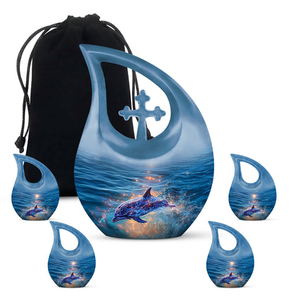Steel Blue Dolphin Cremation Urn urn with complimentary velvet bag - faith-inspired cross-drop urn with dolphin pattern - memorial set with one large and four small urns