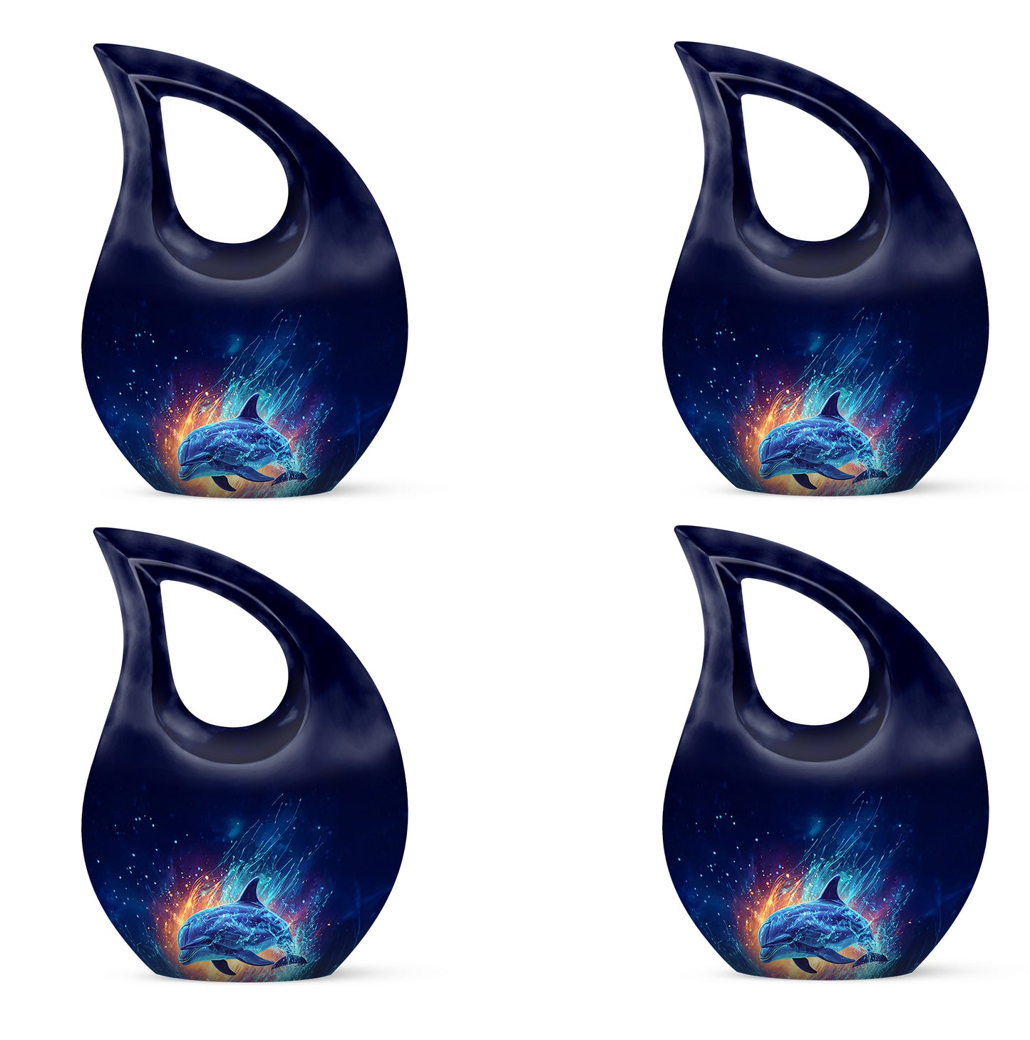 Indigo Dolphin Cremation Urn lifestyle display on memorial shelf - sacred cross merged with dolphin motif on metal - 10 inch aluminum urn for cremated remains