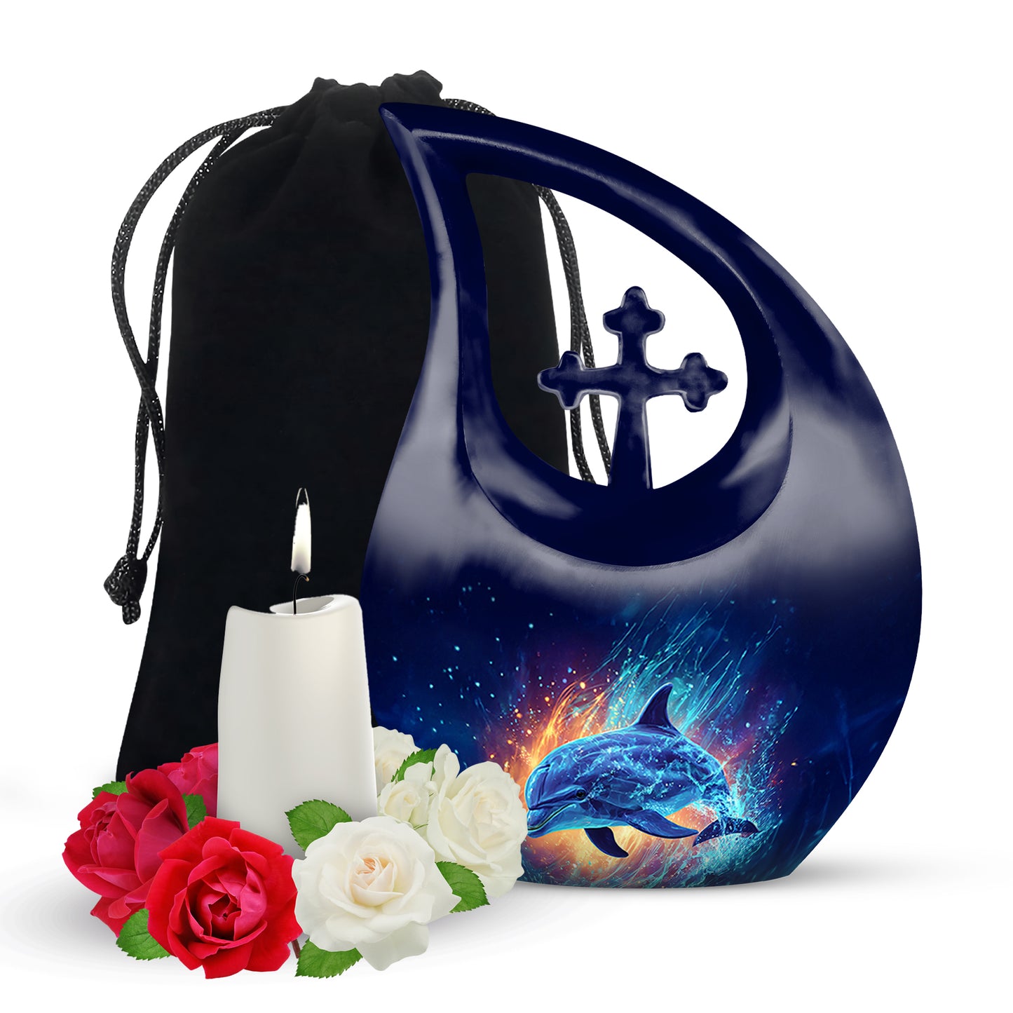 Soft Blue Dolphin Cremation Urn top-down view of secure threaded lid - devotional cross-drop dolphin engraving - full-size 10 inch 200 cubic inch adult cremation urn