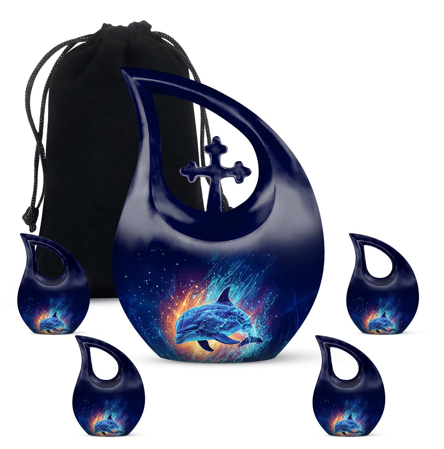 Cornflower Blue Dolphin Cremation Urn urn with complimentary velvet bag - devotional cross-drop dolphin engraving - memorial set with one large and four small urns