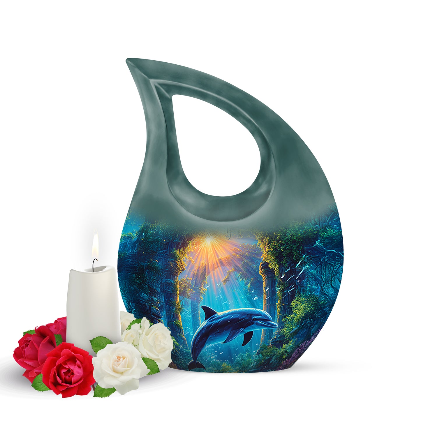 Gray Resounding Dolphin Memorial Urn for Ashes - 10-inch, 200 cu in - Yatskia
