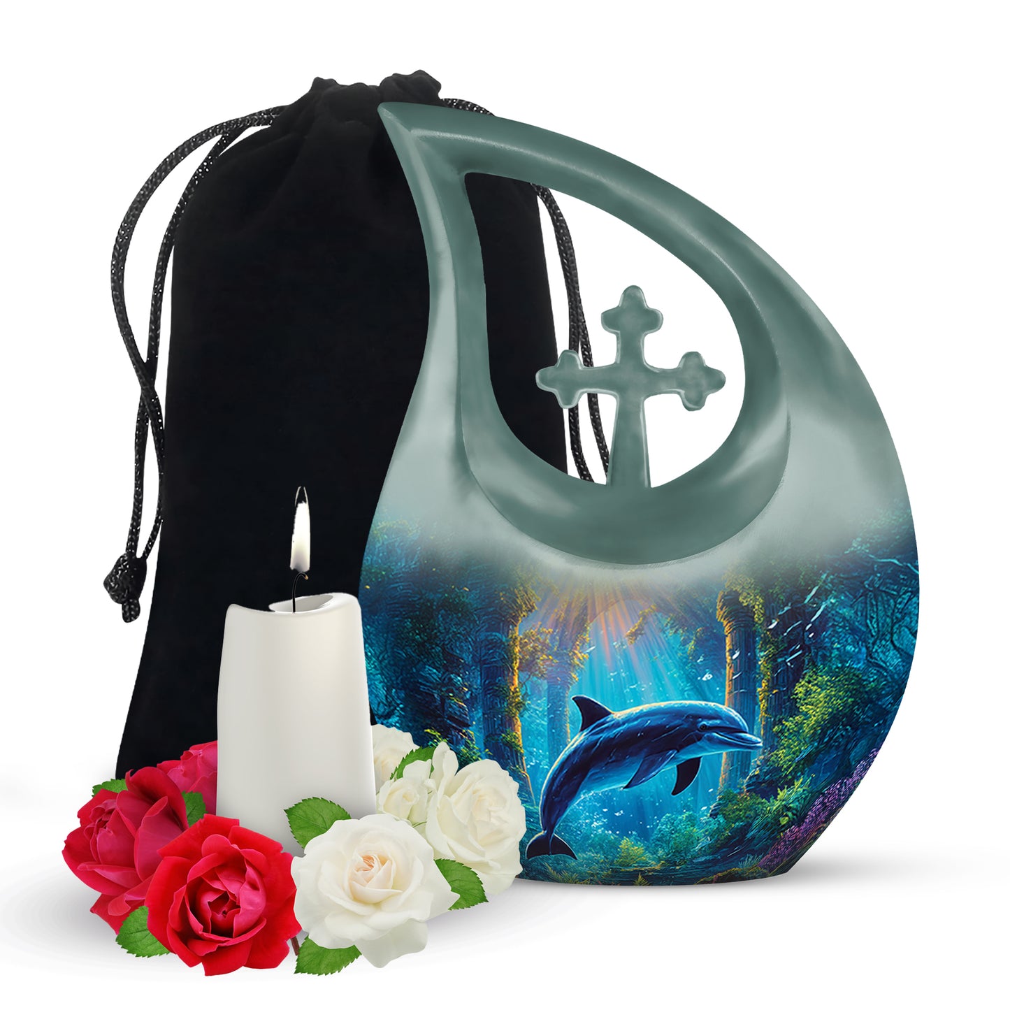 Mist Gray Dolphin Cremation Urn top-down view of secure threaded lid - cross and dolphin combined in spiritual memorial design - full-size 10 inch 200 cubic inch adult cremation urn