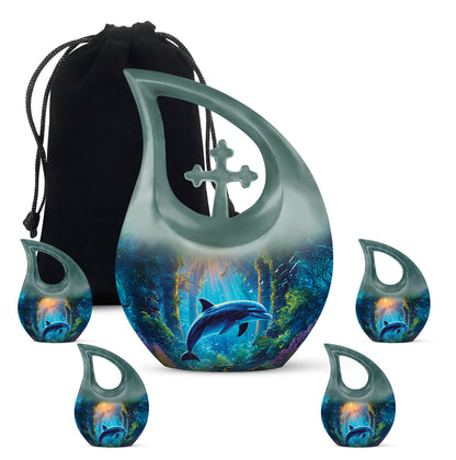 Steel Gray Dolphin Cremation Urn urn with complimentary velvet bag - devotional cross-drop dolphin engraving - memorial set with one large and four small urns