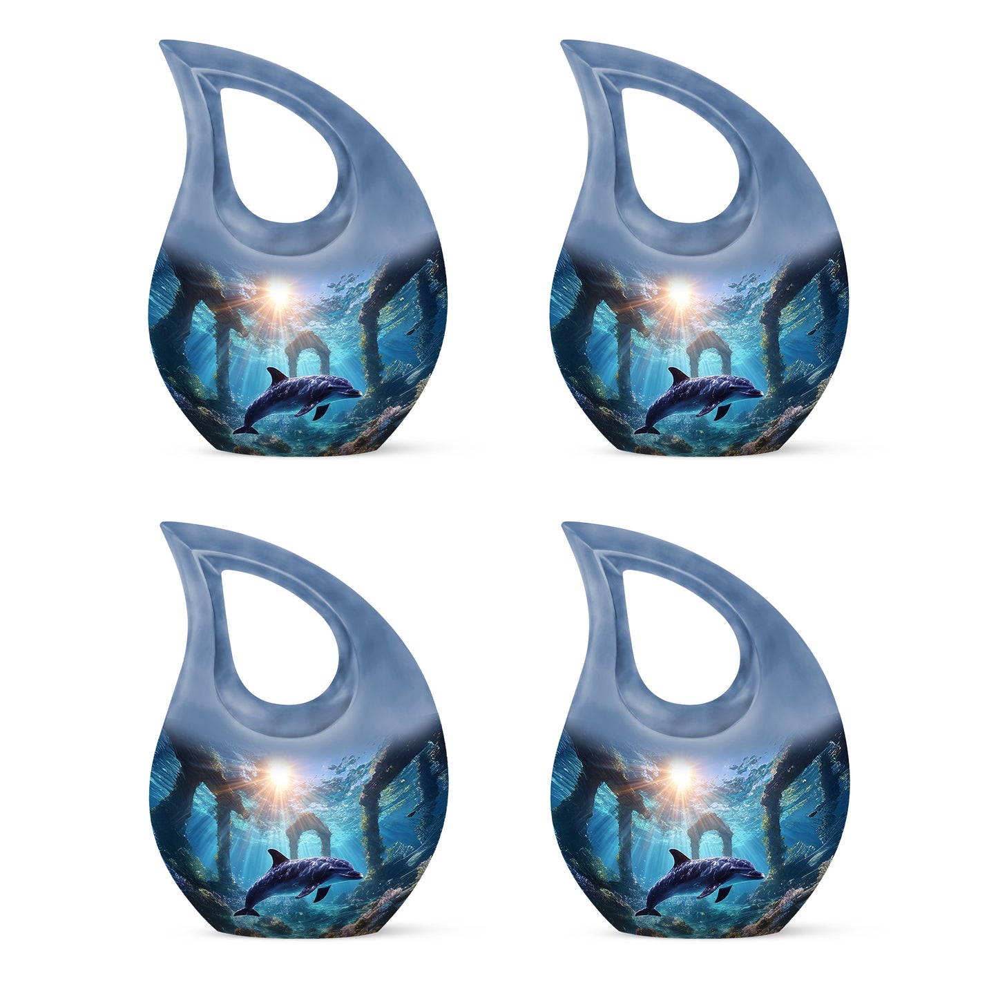 Serene Blue Dolphin Cremation Urn lifestyle display on memorial shelf - faith-inspired cross-drop urn with dolphin pattern - 10 inch aluminum urn for cremated remains