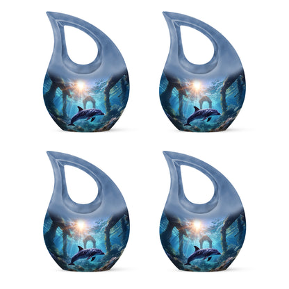 Serene Blue Dolphin Cremation Urn lifestyle display on memorial shelf - faith-inspired cross-drop urn with dolphin pattern - 10 inch aluminum urn for cremated remains
