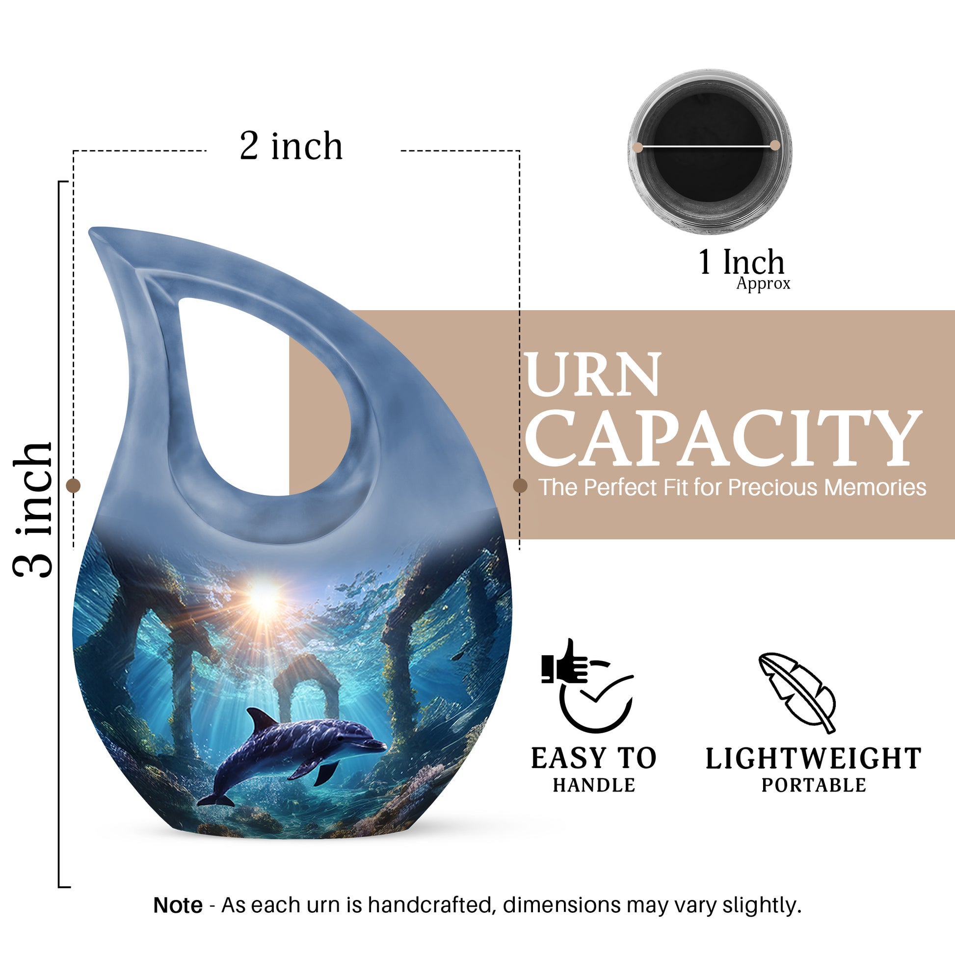Sapphire Blue Dolphin Cremation Urn back view with polished surface - faith-inspired cross-drop urn with dolphin pattern - mini keepsake memorial for portion of cremation ashes