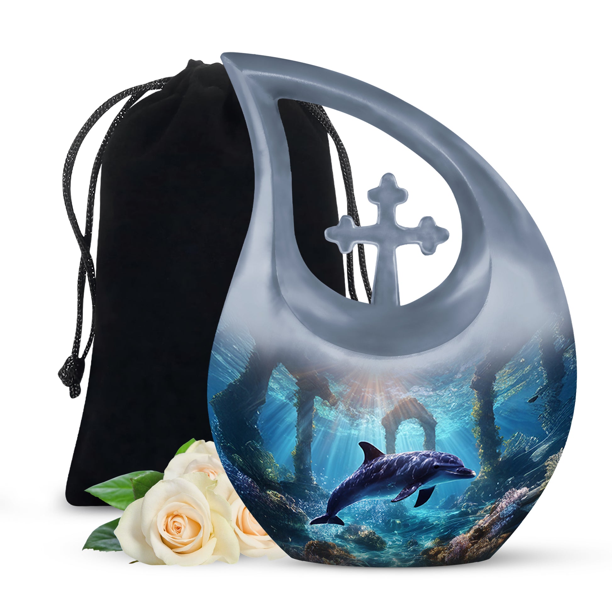 Slate Blue Dolphin Cremation Urn top-down view of secure threaded lid - sacred cross merged with dolphin motif on metal - full-size 10 inch 200 cubic inch adult cremation urn