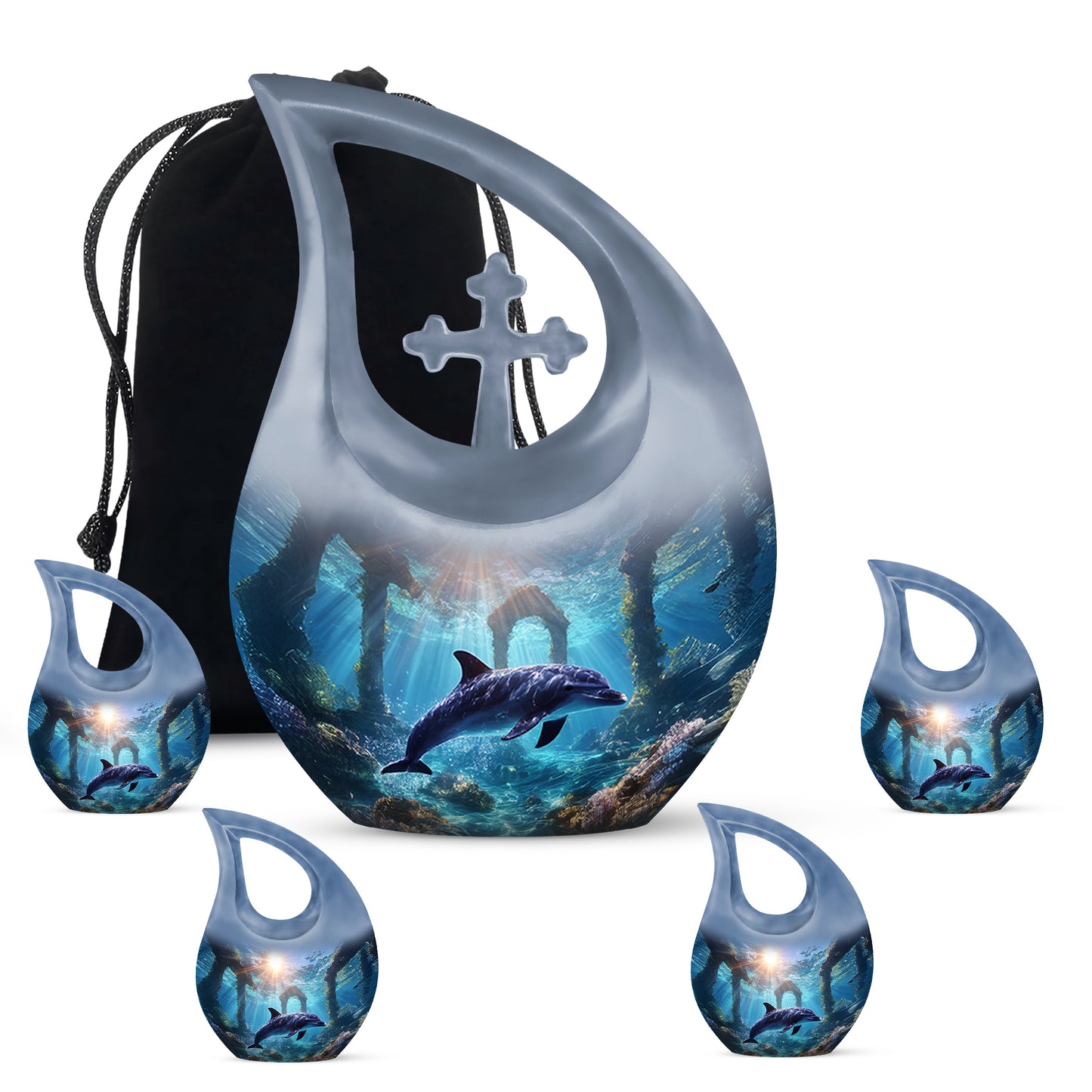 Serene Blue Dolphin Cremation Urn urn with complimentary velvet bag - faith-inspired cross-drop urn with dolphin pattern - memorial set with one large and four small urns