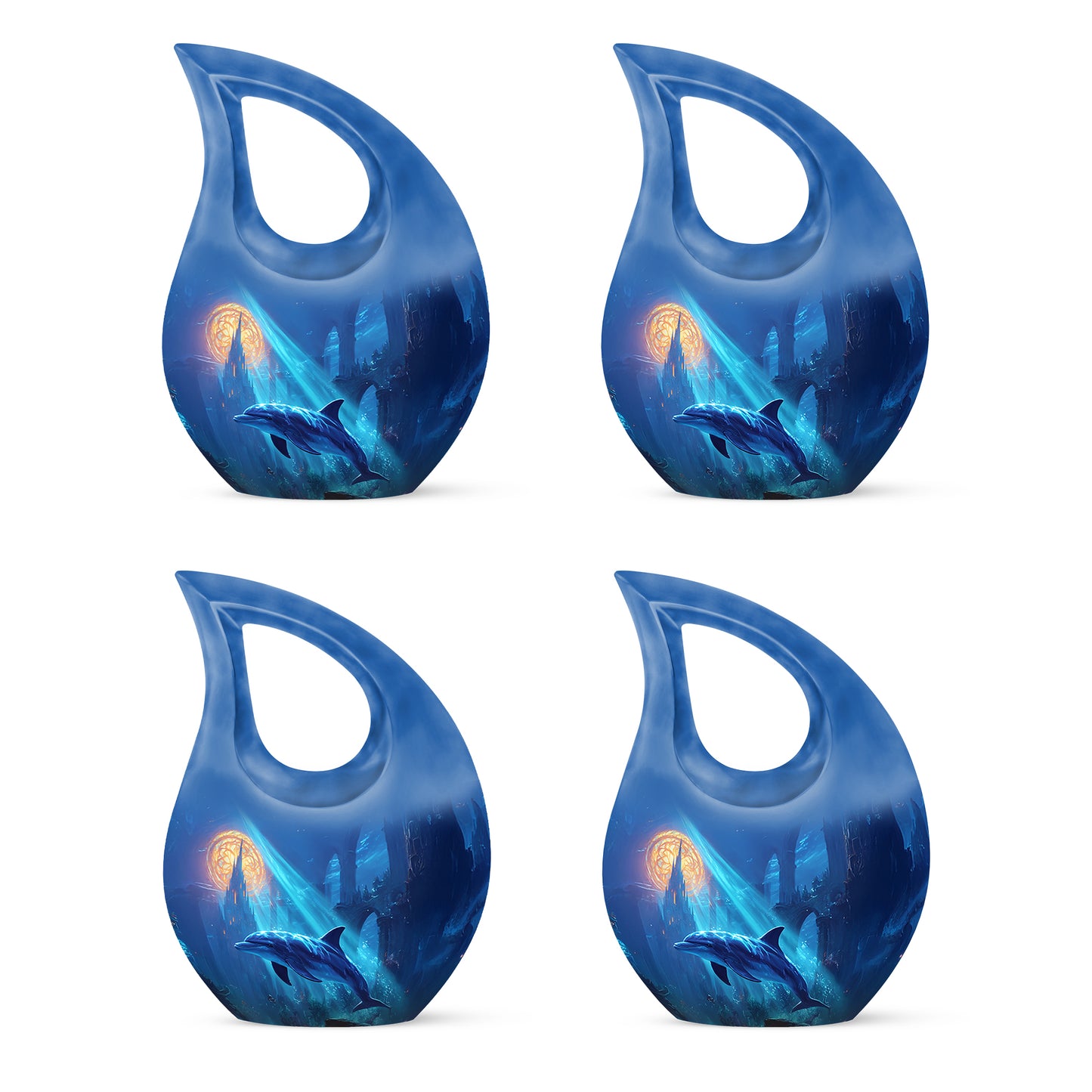 Icy Blue Dolphin Cremation Urn lifestyle display on memorial shelf - cross and dolphin combined in spiritual memorial design - 10 inch aluminum urn for cremated remains