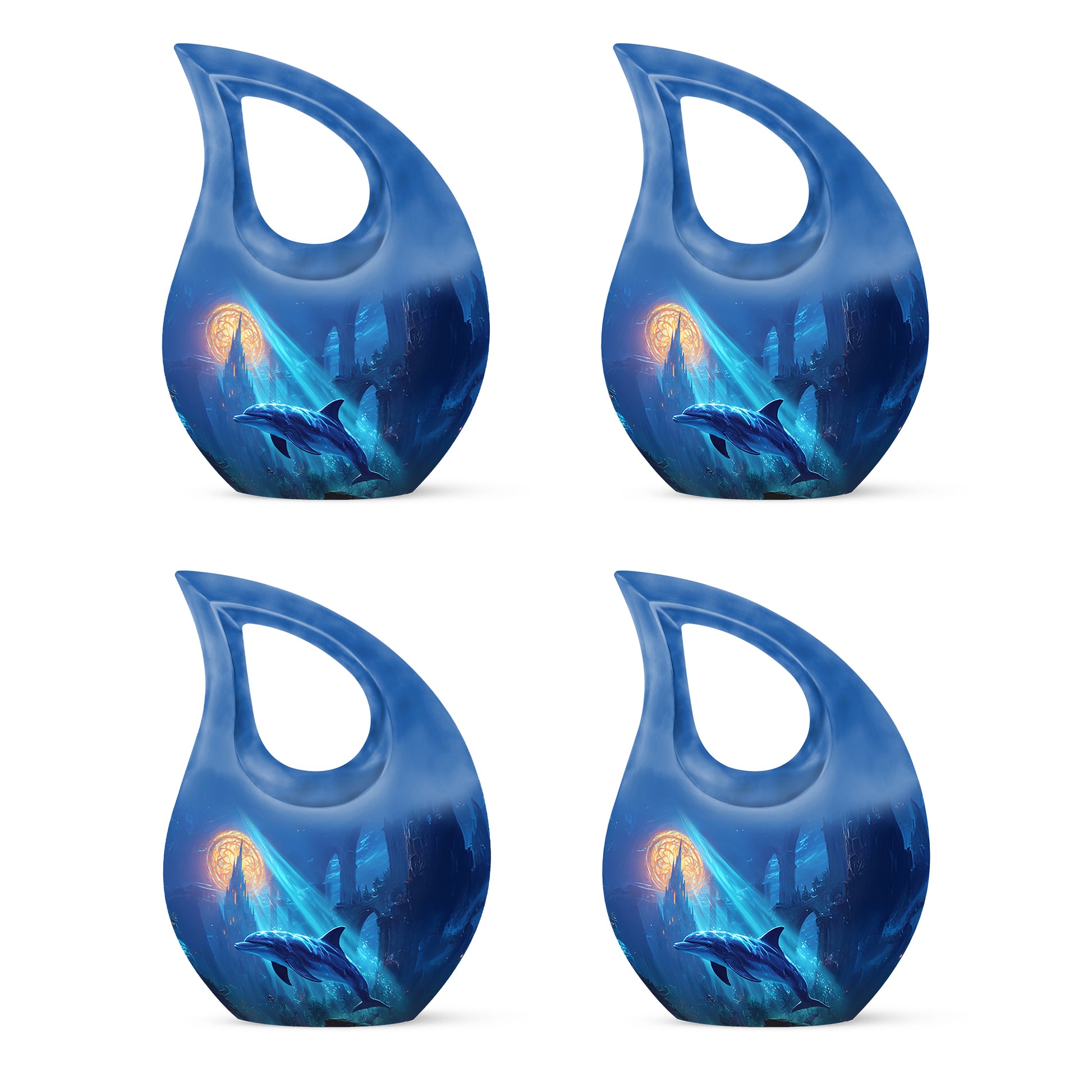 Icy Blue Dolphin Cremation Urn lifestyle display on memorial shelf - cross and dolphin combined in spiritual memorial design - 10 inch aluminum urn for cremated remains