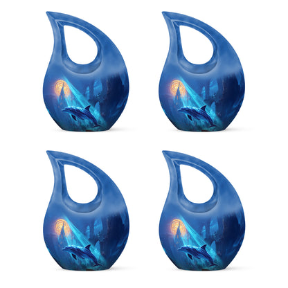 Icy Blue Dolphin Cremation Urn lifestyle display on memorial shelf - cross and dolphin combined in spiritual memorial design - 10 inch aluminum urn for cremated remains